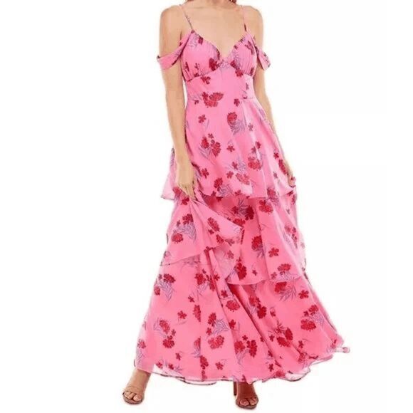 CRYSTAL DOLL Juniors' Cold-Shoulder  pleated draped Tiered Maxi Dress 13 - Picture 1 of 10